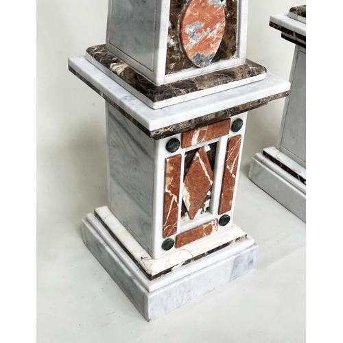 263 - OBELISKS, a pair, white marble tapering with geometric specimen marble decoration each on conforming... 