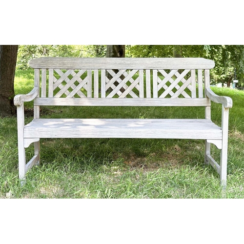 268 - LATTICE GARDEN BENCH, weathered teak with slatted seat and lattice panelled back, 147cm W.