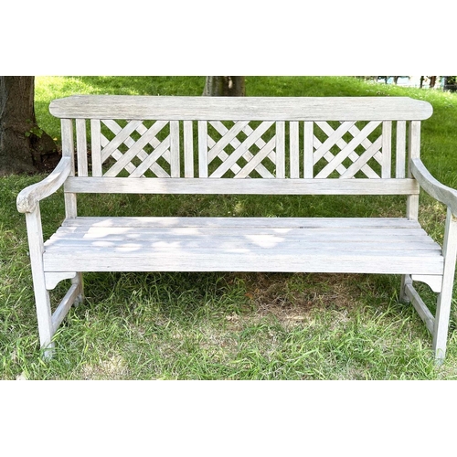 268 - LATTICE GARDEN BENCH, weathered teak with slatted seat and lattice panelled back, 147cm W.