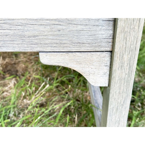 268 - LATTICE GARDEN BENCH, weathered teak with slatted seat and lattice panelled back, 147cm W.