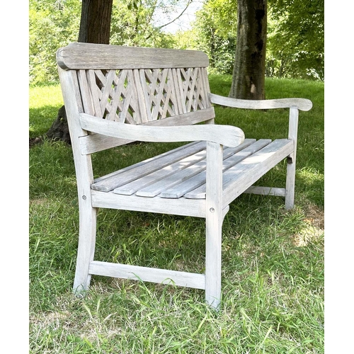 268 - LATTICE GARDEN BENCH, weathered teak with slatted seat and lattice panelled back, 147cm W.