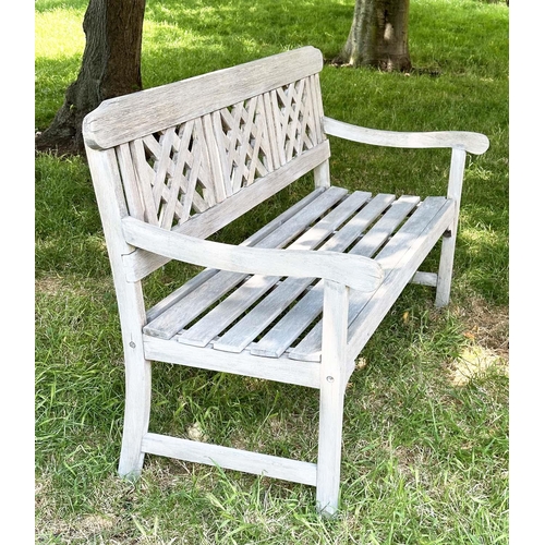 268 - LATTICE GARDEN BENCH, weathered teak with slatted seat and lattice panelled back, 147cm W.