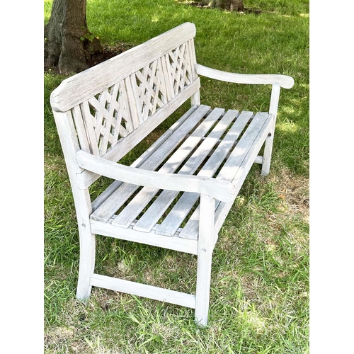 268 - LATTICE GARDEN BENCH, weathered teak with slatted seat and lattice panelled back, 147cm W.