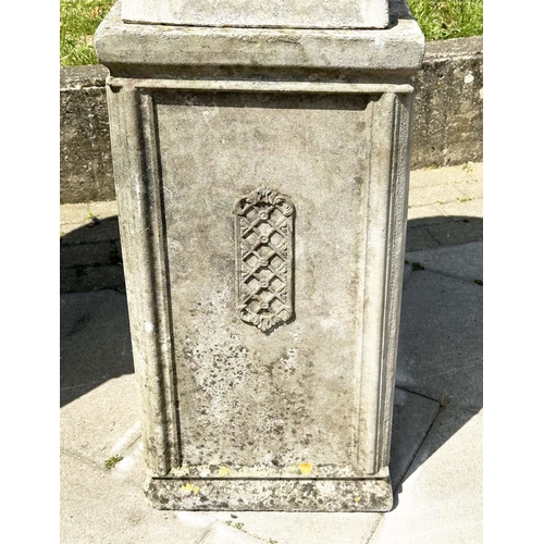 269 - GARDEN URNS, a pair, weathered reconstituted stone each on plinth bases with lattice panels, 119cm H... 