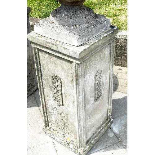 269 - GARDEN URNS, a pair, weathered reconstituted stone each on plinth bases with lattice panels, 119cm H... 