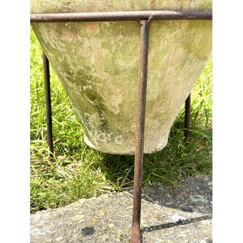 274 - GARDEN AMPHORA, vintage weathered terracotta with moulded loop handles and glazed neck on iron stand... 