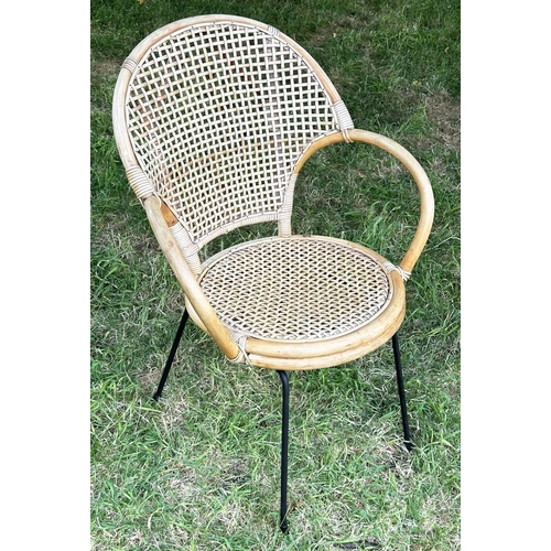 275 - TERRACE ARMCHAIRS, a pair, 1970s rattan framed wicker panelled and cane bound with metal supports, 6... 