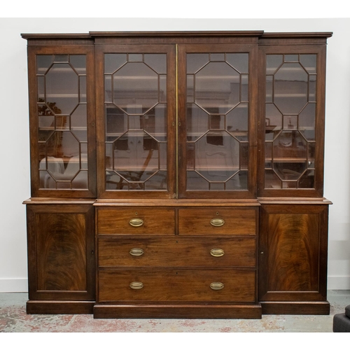 279 - BREAKFRONT LIBRARY BOOKCASE, first quarter 19th century mahogany with four glazed doors and adjustab... 