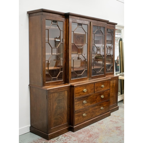 279 - BREAKFRONT LIBRARY BOOKCASE, first quarter 19th century mahogany with four glazed doors and adjustab... 