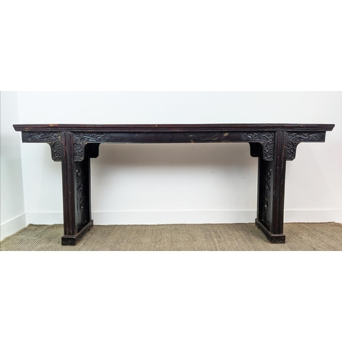 280 - ALTAR TABLE, 19th century Chinese lacquered elm with all round decoration, 86cm H x 225cm x 43cm.