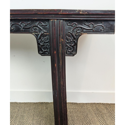 280 - ALTAR TABLE, 19th century Chinese lacquered elm with all round decoration, 86cm H x 225cm x 43cm.