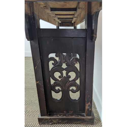 280 - ALTAR TABLE, 19th century Chinese lacquered elm with all round decoration, 86cm H x 225cm x 43cm.