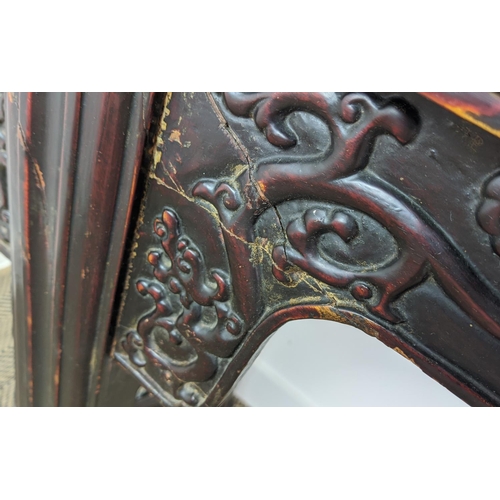 280 - ALTAR TABLE, 19th century Chinese lacquered elm with all round decoration, 86cm H x 225cm x 43cm.