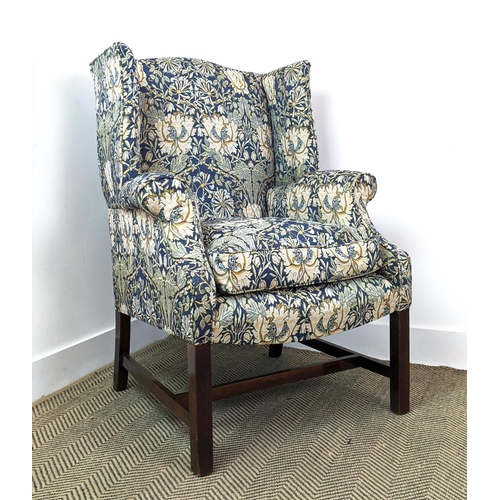 281 - WING ARMCHAIR, George III style in William Morris honeysuckle design fabric, 101cm H x 74cm W x 72cm... 