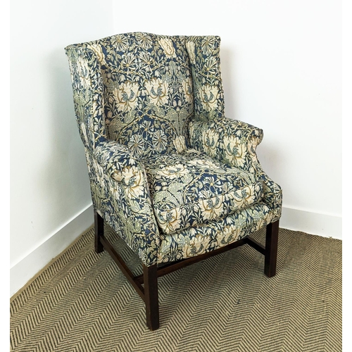 281 - WING ARMCHAIR, George III style in William Morris honeysuckle design fabric, 101cm H x 74cm W x 72cm... 