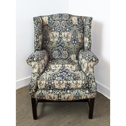 281 - WING ARMCHAIR, George III style in William Morris honeysuckle design fabric, 101cm H x 74cm W x 72cm... 