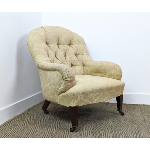 287 - ARMCHAIR, Edwardian mahogany in patterned fabric on ceramic castors, 86cm H x 70cm W.