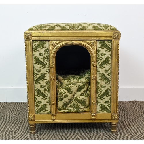 296 - DOG BED, Louis XVI style giltwood with patterned cream and green fabric, 50cm x 45cm x 62cm H.