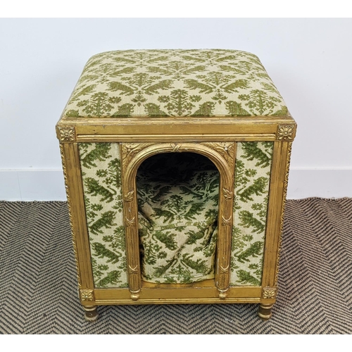 296 - DOG BED, Louis XVI style giltwood with patterned cream and green fabric, 50cm x 45cm x 62cm H.