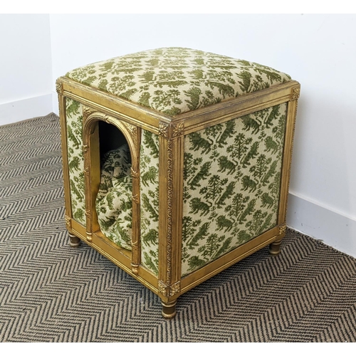 296 - DOG BED, Louis XVI style giltwood with patterned cream and green fabric, 50cm x 45cm x 62cm H.