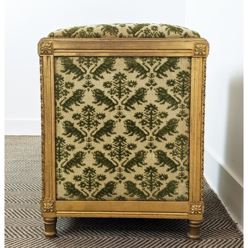 296 - DOG BED, Louis XVI style giltwood with patterned cream and green fabric, 50cm x 45cm x 62cm H.