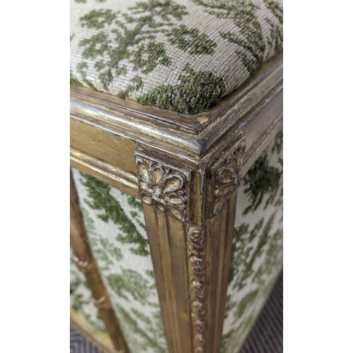 296 - DOG BED, Louis XVI style giltwood with patterned cream and green fabric, 50cm x 45cm x 62cm H.