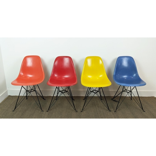 333 - HERMAN MILLER DSR CHAIRS, a set of four, by Charles and Ray Eames, in orange, red, yellow and blue, ... 