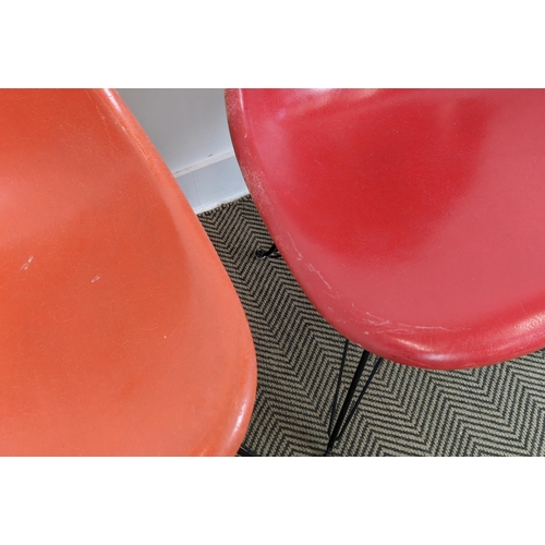 333 - HERMAN MILLER DSR CHAIRS, a set of four, by Charles and Ray Eames, in orange, red, yellow and blue, ... 