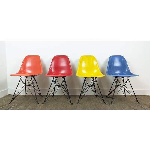 333 - HERMAN MILLER DSR CHAIRS, a set of four, by Charles and Ray Eames, in orange, red, yellow and blue, ... 