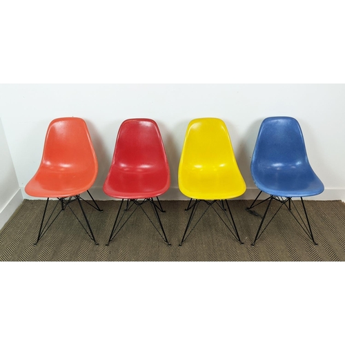 333 - HERMAN MILLER DSR CHAIRS, a set of four, by Charles and Ray Eames, in orange, red, yellow and blue, ... 