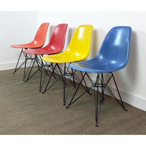 333 - HERMAN MILLER DSR CHAIRS, a set of four, by Charles and Ray Eames, in orange, red, yellow and blue, ... 