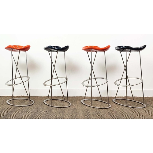 382 - MAXDESIGN THE STONES BAR STOOLS, a set of four, by Marco Maran, with two black and two with orange s... 