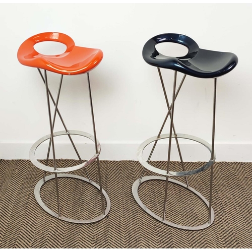 382 - MAXDESIGN THE STONES BAR STOOLS, a set of four, by Marco Maran, with two black and two with orange s... 