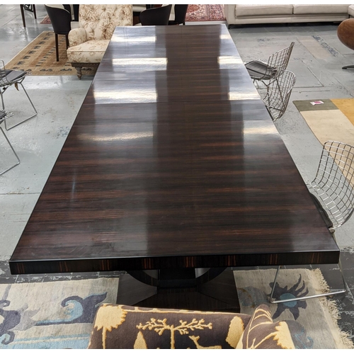 384 - EXTENDABLE DINING TABLE, Art Deco style, twin pedestal design, with three leaves, 378.5cm x 120cm x ... 