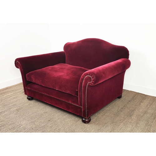 400 - GEORGE SMITH LOVESEAT, dark red plush velvet, 90cm H x 148cm W x 107cm D.