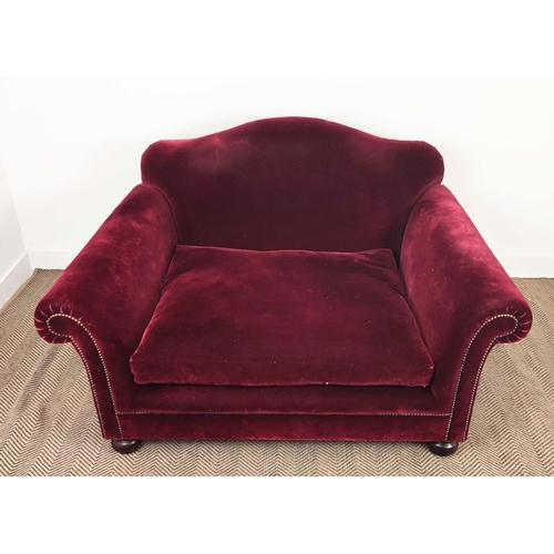 400 - GEORGE SMITH LOVESEAT, dark red plush velvet, 90cm H x 148cm W x 107cm D.