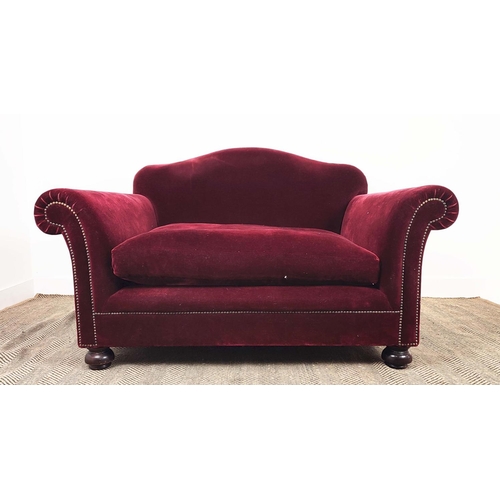 400 - GEORGE SMITH LOVESEAT, dark red plush velvet, 90cm H x 148cm W x 107cm D.