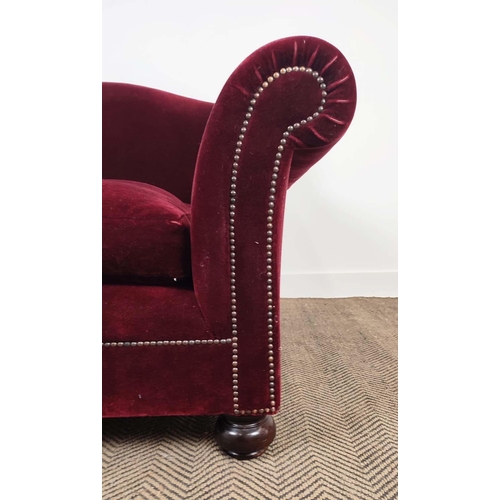 400 - GEORGE SMITH LOVESEAT, dark red plush velvet, 90cm H x 148cm W x 107cm D.