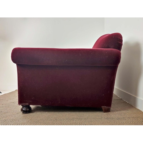 400 - GEORGE SMITH LOVESEAT, dark red plush velvet, 90cm H x 148cm W x 107cm D.