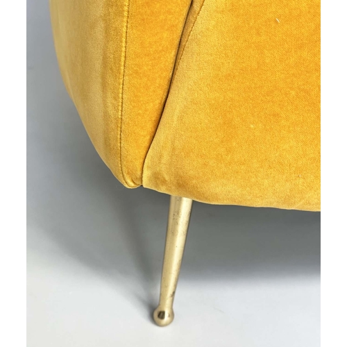 402 - HEAL'S BLOOMSBURY SOFA, soft primrose yellow velvet upholstered with curved back and splay gilt meta... 