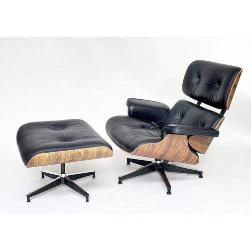 404 - AFTER CHARLES AND RAY EAMES LOUNGE CHAIR AND OTTOMAN, black leather and rosewood with companion otto... 