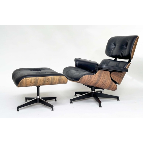 404 - AFTER CHARLES AND RAY EAMES LOUNGE CHAIR AND OTTOMAN, black leather and rosewood with companion otto... 