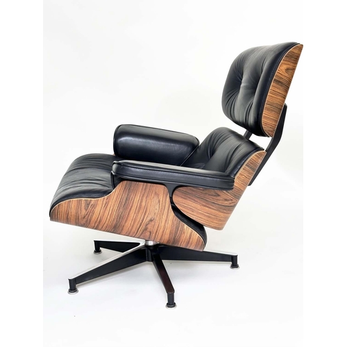 404 - AFTER CHARLES AND RAY EAMES LOUNGE CHAIR AND OTTOMAN, black leather and rosewood with companion otto... 