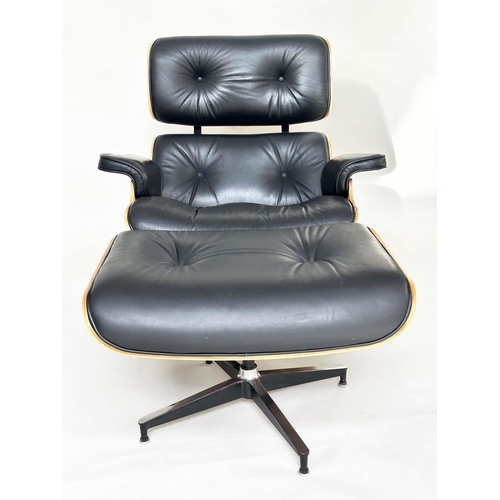 404 - AFTER CHARLES AND RAY EAMES LOUNGE CHAIR AND OTTOMAN, black leather and rosewood with companion otto... 