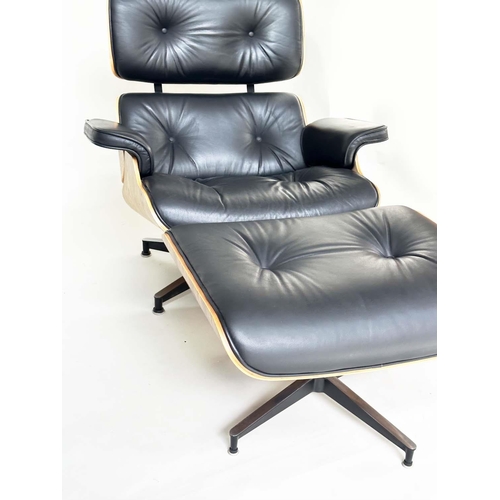 404 - AFTER CHARLES AND RAY EAMES LOUNGE CHAIR AND OTTOMAN, black leather and rosewood with companion otto... 