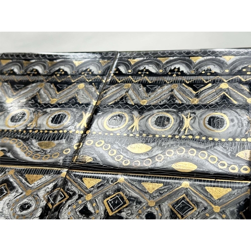 405 - TILE LOW TABLE, vintage, rectangular gilded Neoclassical influenced top with black metal and brass b... 