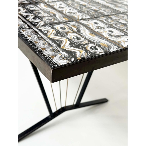 405 - TILE LOW TABLE, vintage, rectangular gilded Neoclassical influenced top with black metal and brass b... 