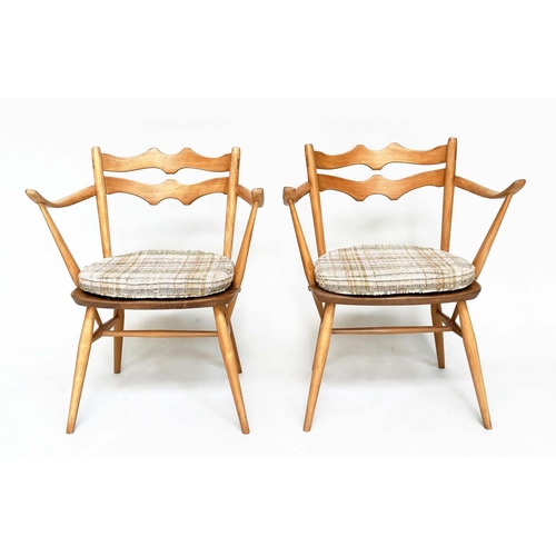 410 - ERCOL ARMCHAIRS, a pair, 1970s beechwood and elm (retaining original cushions), 60cm W. (2)