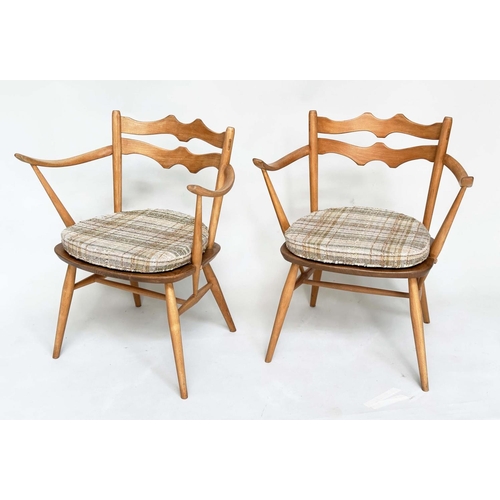 410 - ERCOL ARMCHAIRS, a pair, 1970s beechwood and elm (retaining original cushions), 60cm W. (2)