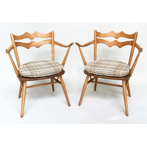 410 - ERCOL ARMCHAIRS, a pair, 1970s beechwood and elm (retaining original cushions), 60cm W. (2)